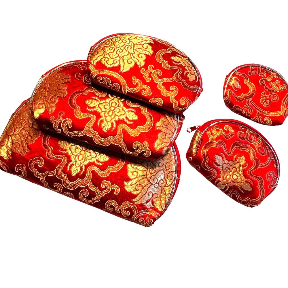 Cosmetics toiletries Bags set of 5 zipper top pouches red & gold satin nesting